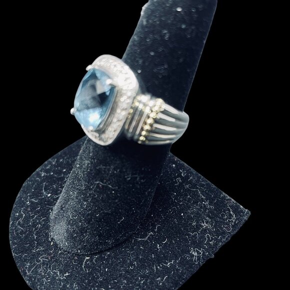 925 Silver Blue Topaz Diamond Ring Cushion Cut Gold Accents Cocktail Jewelry - Picture 5 of 11